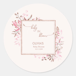 Pegatina Redonda Pink Wildflower Border Baby in Bloom Baby Shower