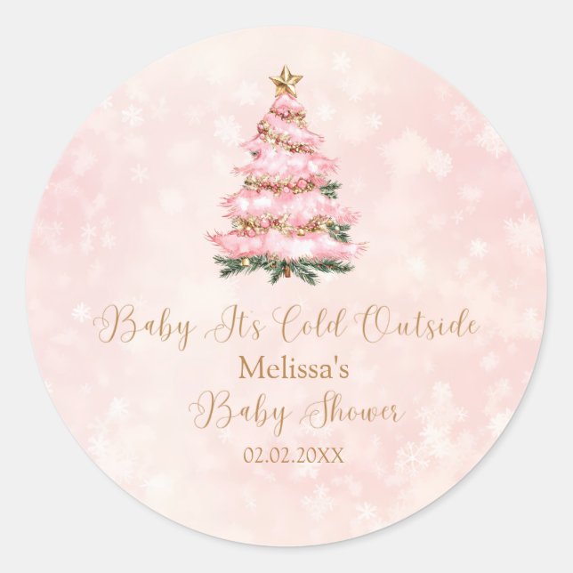 Pegatina Redonda Pink Winter Baby Its Cold Outside Baby Shower (Anverso)