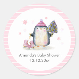 Pegatina Redonda Pink Winter Ice Skate Penguin Baby Shower