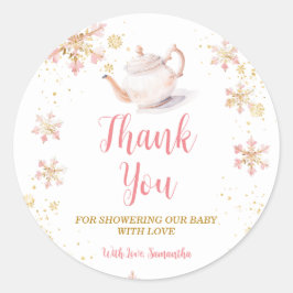 Pegatina Redonda Pink Winter Tea Party Baby Shower Thank You