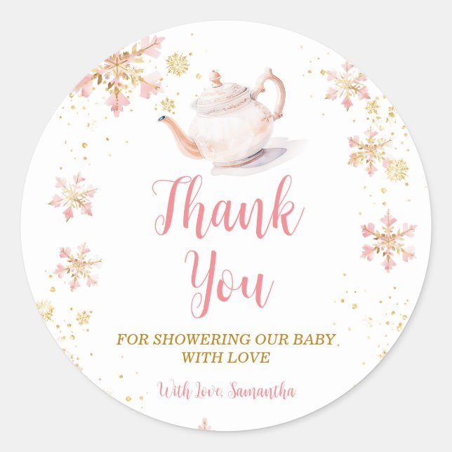 Pegatina Redonda Pink Winter Tea Party Baby Shower Thank You (Anverso)