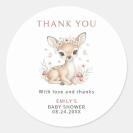 Pegatina Redonda Pink Woodland Deer Girl Baby Shower Thank You