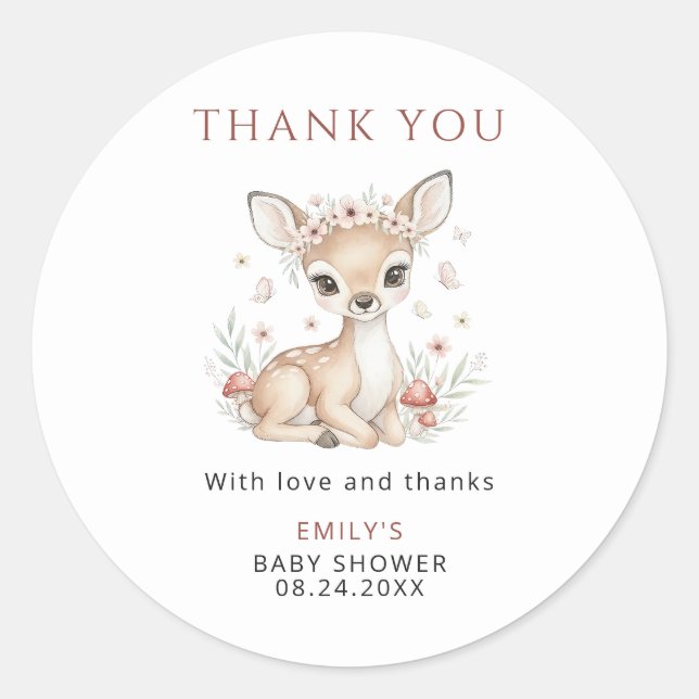 Pegatina Redonda Pink Woodland Deer Girl Baby Shower Thank You (Anverso)