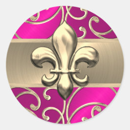 Pegatina Redonda Pink y Gold Filigree Swirls Fleur de Lis
