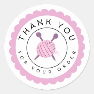 Pegatina Redonda Pink Yarn and Knitting Needles Thank You