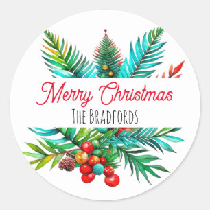 Pegatina Redonda Pino Botánico Feliz Navidad Personalizado