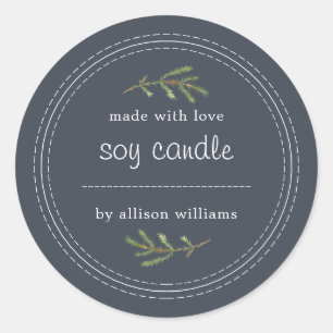 Pegatina Redonda Pino De Vela De Soja Casero Escrito En Azul Oscuro