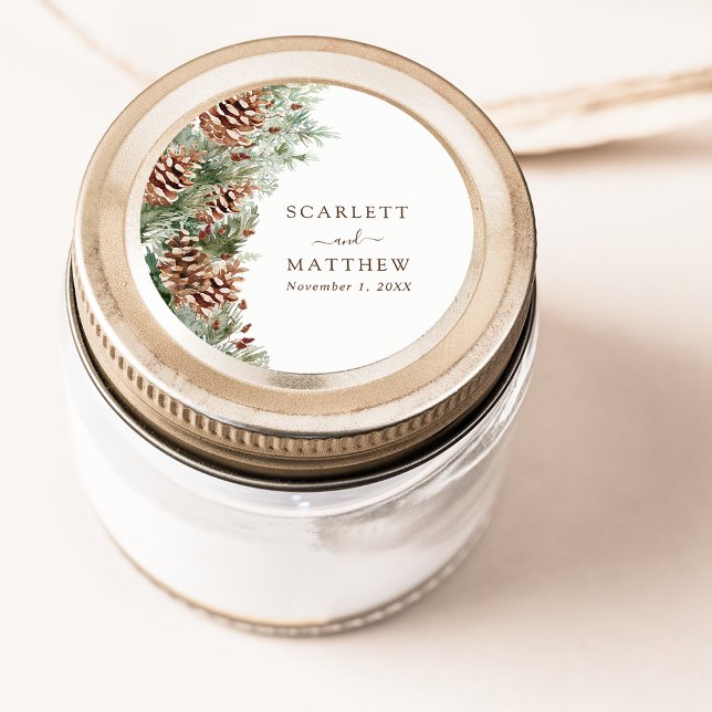 Pegatina Redonda Pino elegante (Elegant White Pinecone Greenery Classic Round Sticker by Painted Paperie
)