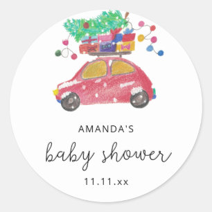 Pegatina Redonda Pino en coche rojo Baby shower