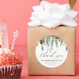 Pegatina Redonda Pinos de invierno rústicos bebé ducha gracias