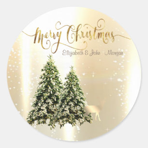 Pegatina Redonda Pinos Elegantes Y Elegantes, Renos Navidades