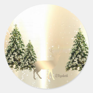 Pegatina Redonda Pinos Elegantes Y Elegantes, Renos Navidades