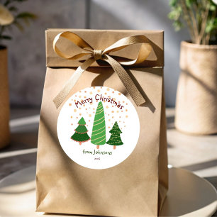 Pegatina Redonda Pinos nevados de Feliz Navidad personalizados