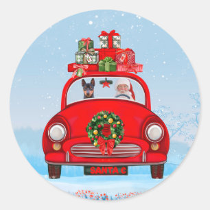 Pegatina Redonda Pinscher Miniatura Perro En Coche Con Papá Noel