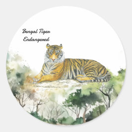 Pegatina Redonda Pintado a mano del majestuoso tigre bengalí en pel