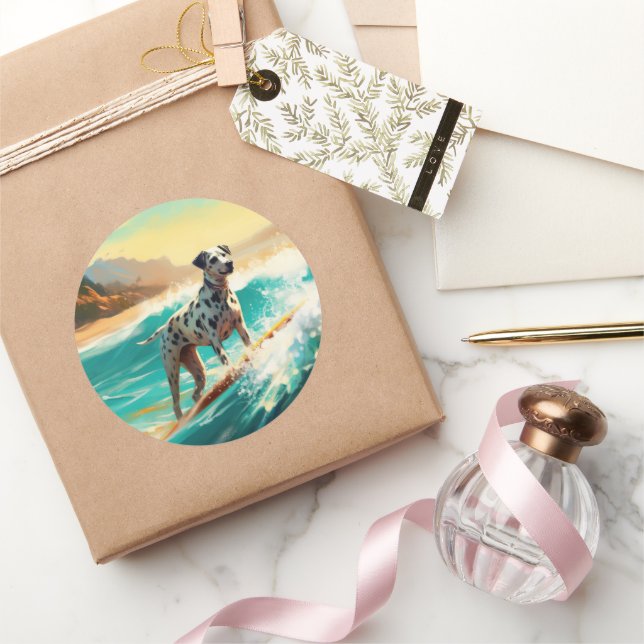 Pegatina Redonda Pintado de Dalmation Beach Surfing (Regalar)