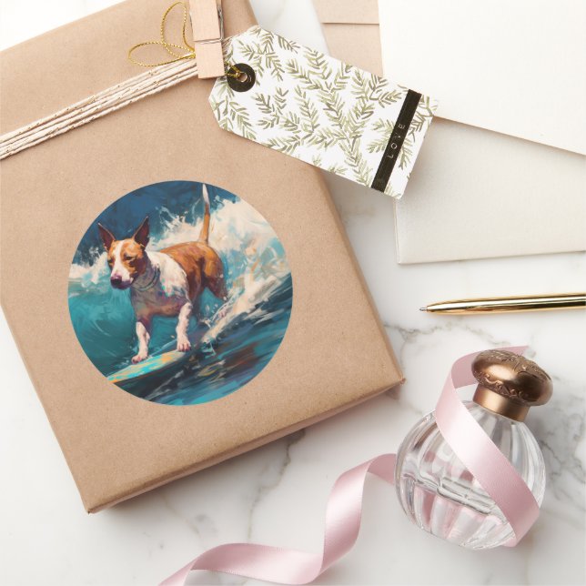 Pegatina Redonda Pintado de surf Bull Terrier Beach (Regalar)