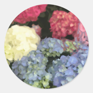 Pegatina Redonda Pintado digital de flores de hidrangea azul y rosa