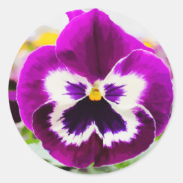 Pegatina Redonda Pintado digital de flores en negrita morado pansy