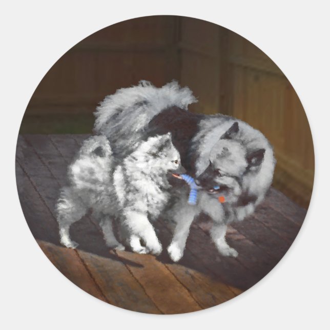 Pegatina Redonda Pintado Keeshond Playtime - Arte Perro Original. (Anverso)