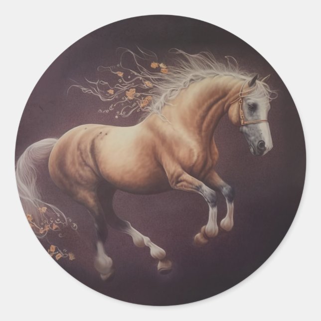 Pegatina Redonda Pintado Pastel De Un Caballo Corriendo (Anverso)