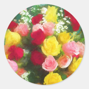 Pegatina Redonda Pintado Rose Bouquet - Arte de Flor Original.