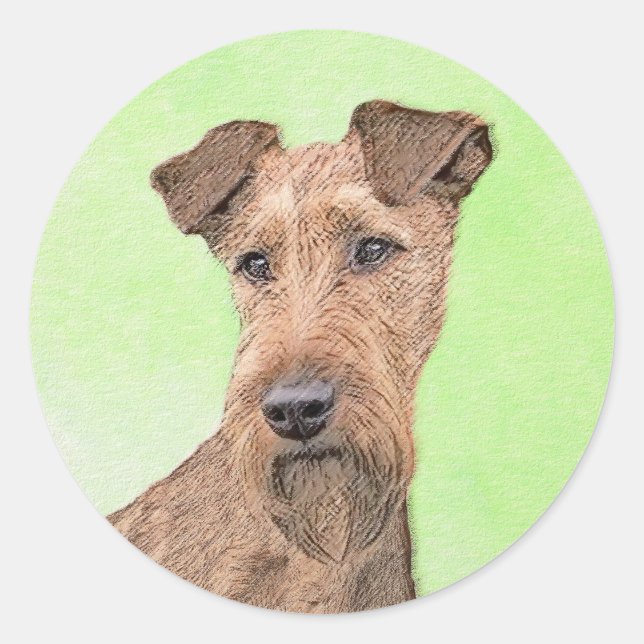 Pegatina Redonda Pintado Terrier Irlandés - Arte de Perro Original. (Anverso)