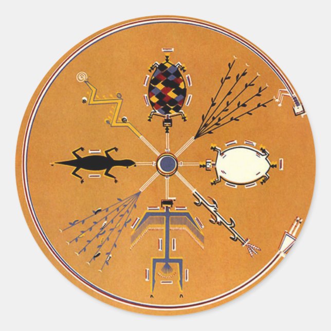 Pegatina Redonda Pintando arena, tribu nativa estadounidense (Anverso)