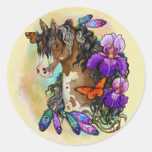 Pegatina Redonda Pintar caballo Mustang con iris y mariposas