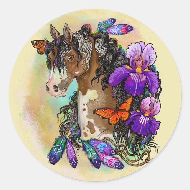 Pegatina Redonda Pintar caballo Mustang con iris y mariposas (Anverso)