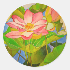 Pegatina Redonda pintura acuarela rosa Lotus