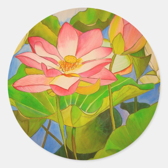 Pegatina Redonda pintura acuarela rosa Lotus (Anverso)