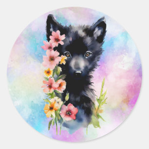 Pegatina Redonda Pintura acuática de Black Baby Wolf