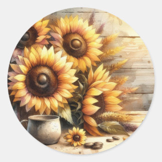 Pegatina Redonda Pintura al Acuarela de Girasoles
