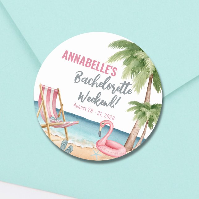 Pegatina Redonda Pintura al agua Playa Tropical Fiesta de Despedida (Watercolor Tropical Beach Bachelorette Party Classic Round Sticker)