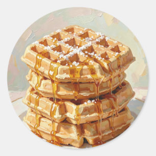 Pegatina Redonda Pintura al óleo de jarabe de waffles belgas dorado
