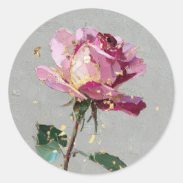 Pegatina Redonda Pintura al óleo de rosa rosa con hoja de oro impre
