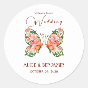 Pegatina Redonda Pintura al óleo romántico Floral Mariposa