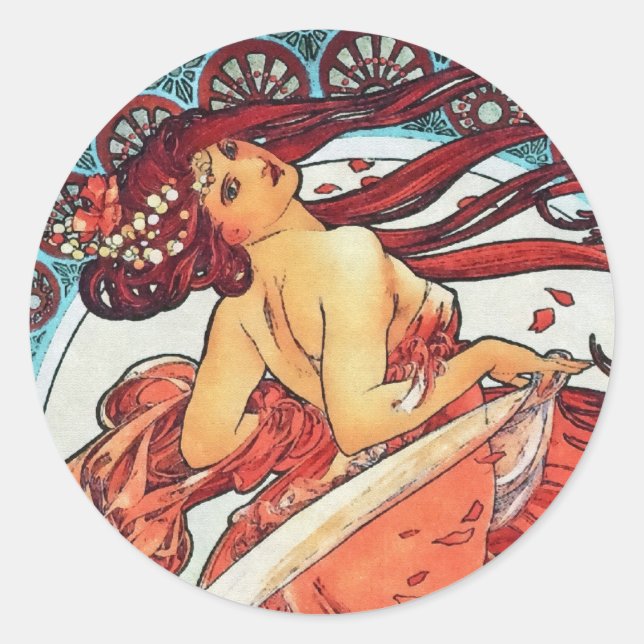Pegatina Redonda Pintura Art Nouveau de Alphonse Mucha Dance (Anverso)