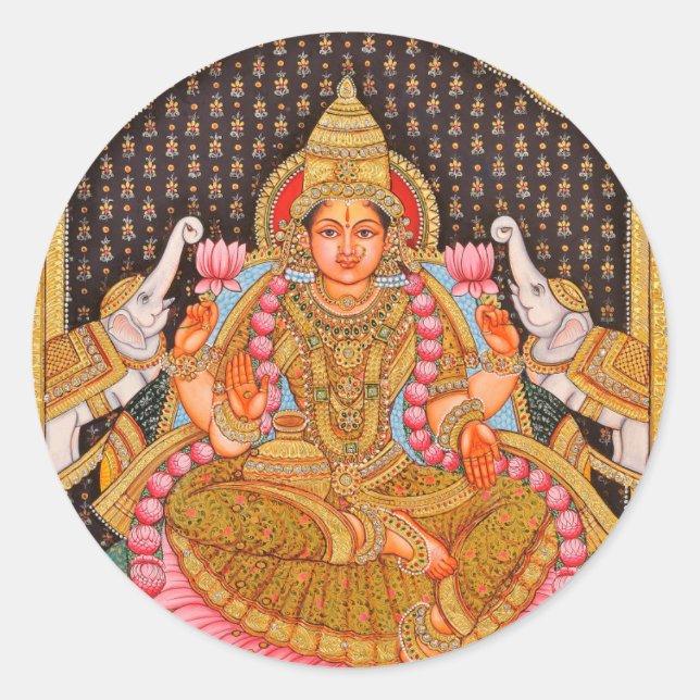 PEGATINA REDONDA PINTURA COMPLEJA DE GAJA LAKSHMI TANJORE {IND DEL (Anverso)