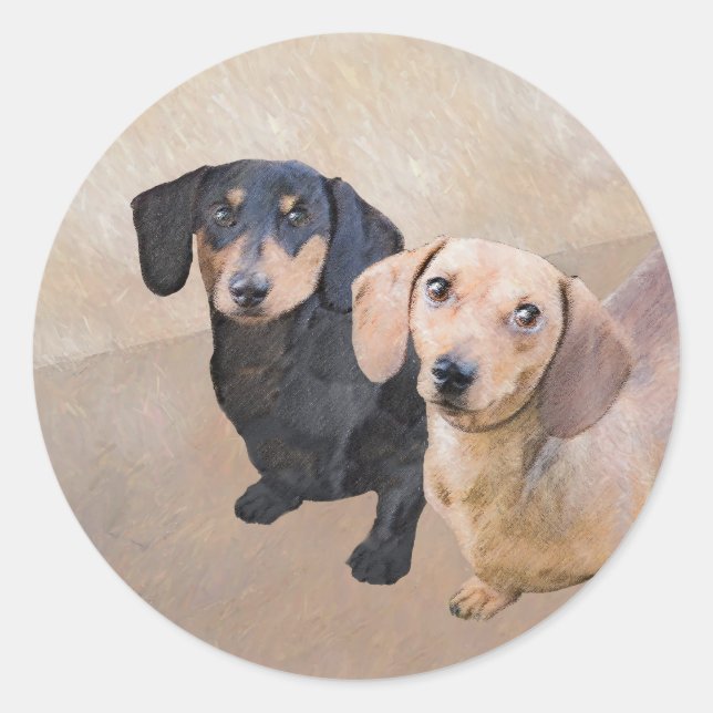 Pegatina Redonda Pintura Dachshund (suave) - Arte Perro Original (Anverso)