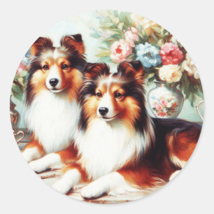 Pegatina Redonda Pintura de aceite de perros recortados retro