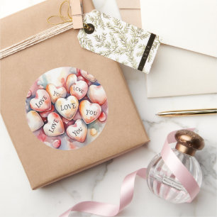Pegatina Redonda Pintura de acuarela corazones regalo de cumpleaños