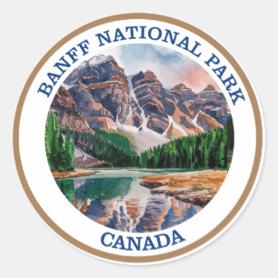 Pegatina Redonda Pintura de acuarela del Parque Nacional Banff