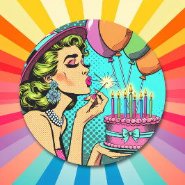 Pegatina Redonda Pintura de arte pop retro mujer y pastel de cumple