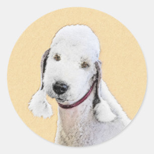 Pegatina Redonda Pintura de Bedlington Terrier - Original Perro Art