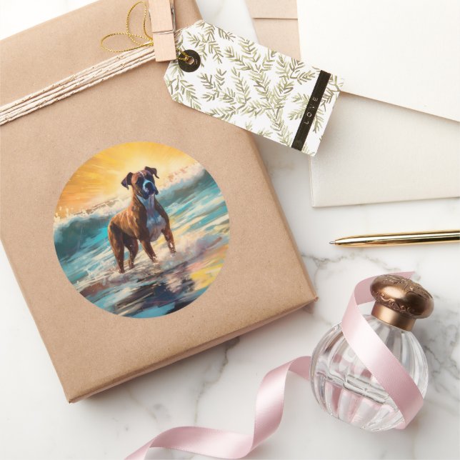 Pegatina Redonda Pintura de Boxer Beach Surfing (Regalar)