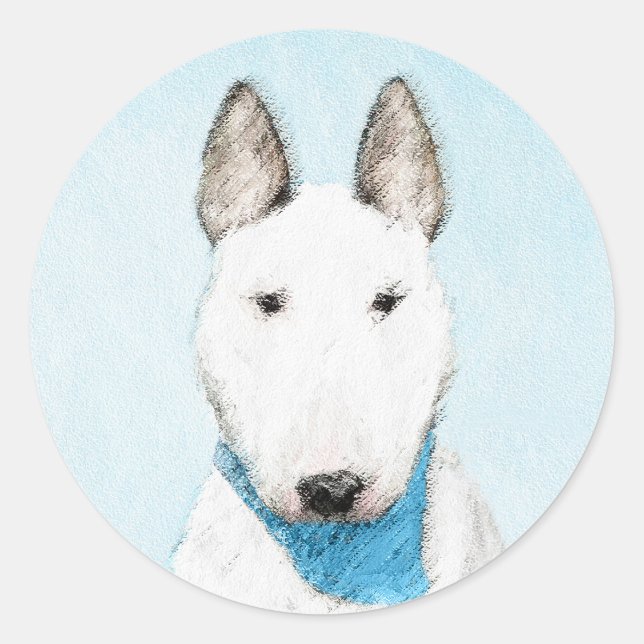 Pegatina Redonda Pintura de Bull Terrier - Arte de Perro Original. (Anverso)