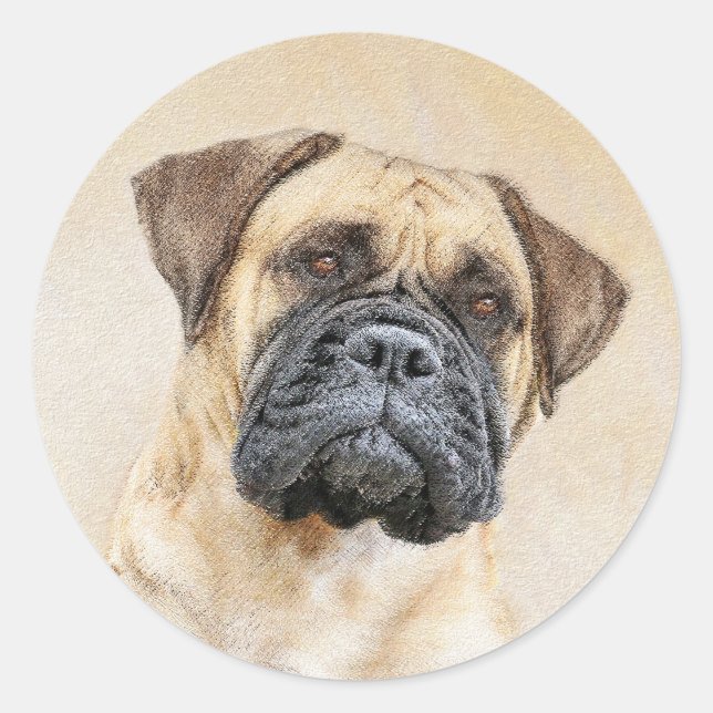 Pegatina Redonda Pintura de Bullmastiff - Arte de Perro Original. (Anverso)