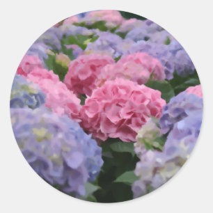 Pegatina Redonda Pintura de campo de flores de hidrangea rosa y azu